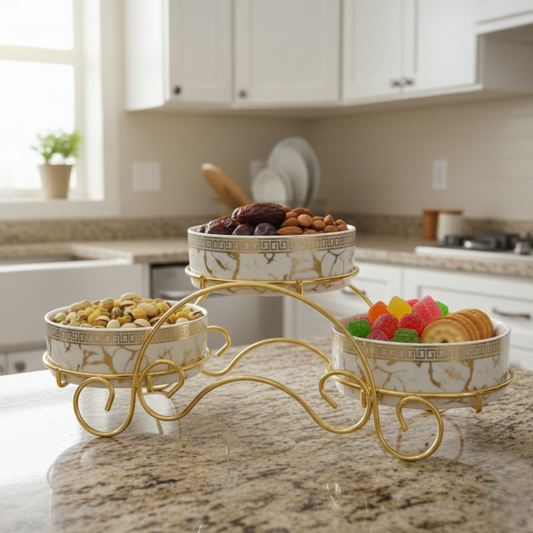 Magnificent Ceramic Jar Trio with Golden Stand