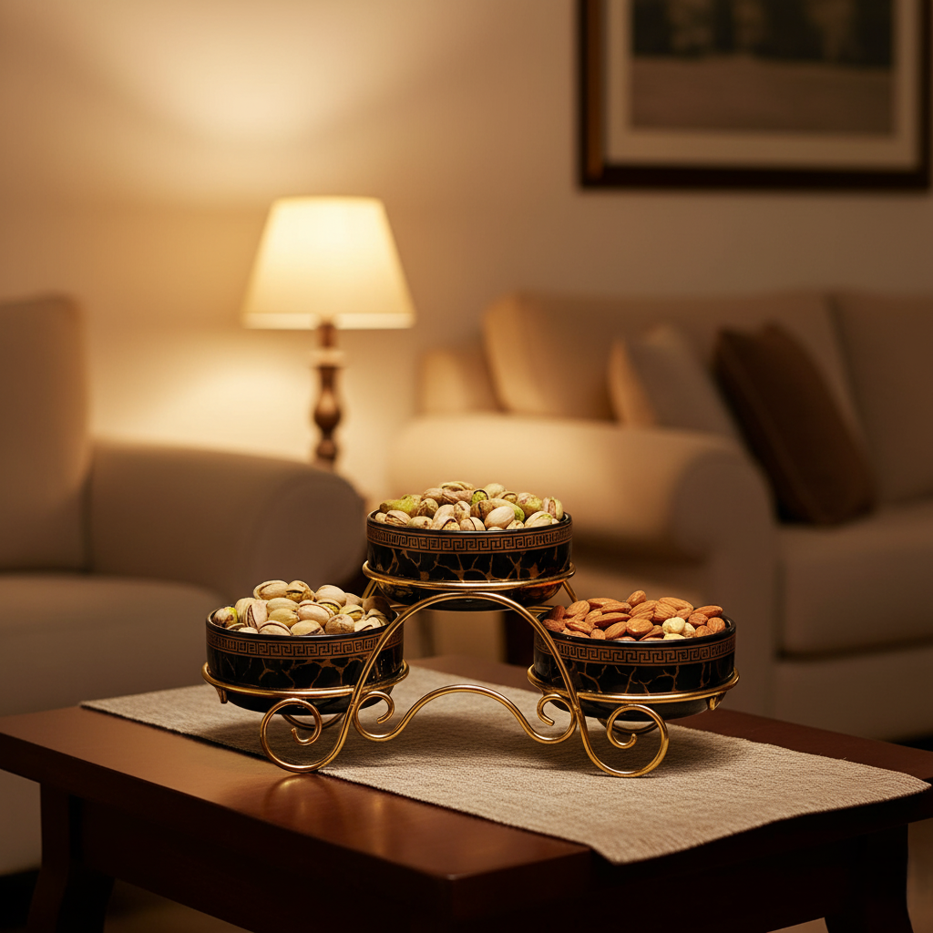 Magnificent Ceramic Jar Trio with Golden Stand