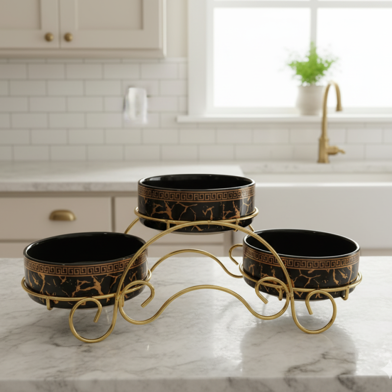 Magnificent Ceramic Jar Trio with Golden Stand