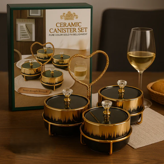 Luxury Ceramic Jar Trio with Golden Holder