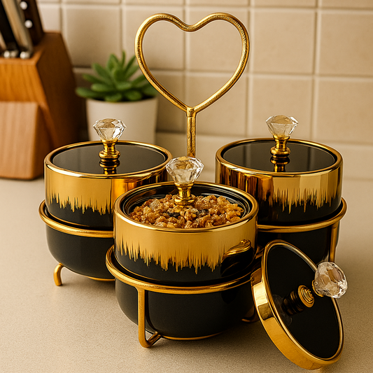Luxury Ceramic Jar Trio with Golden Holder